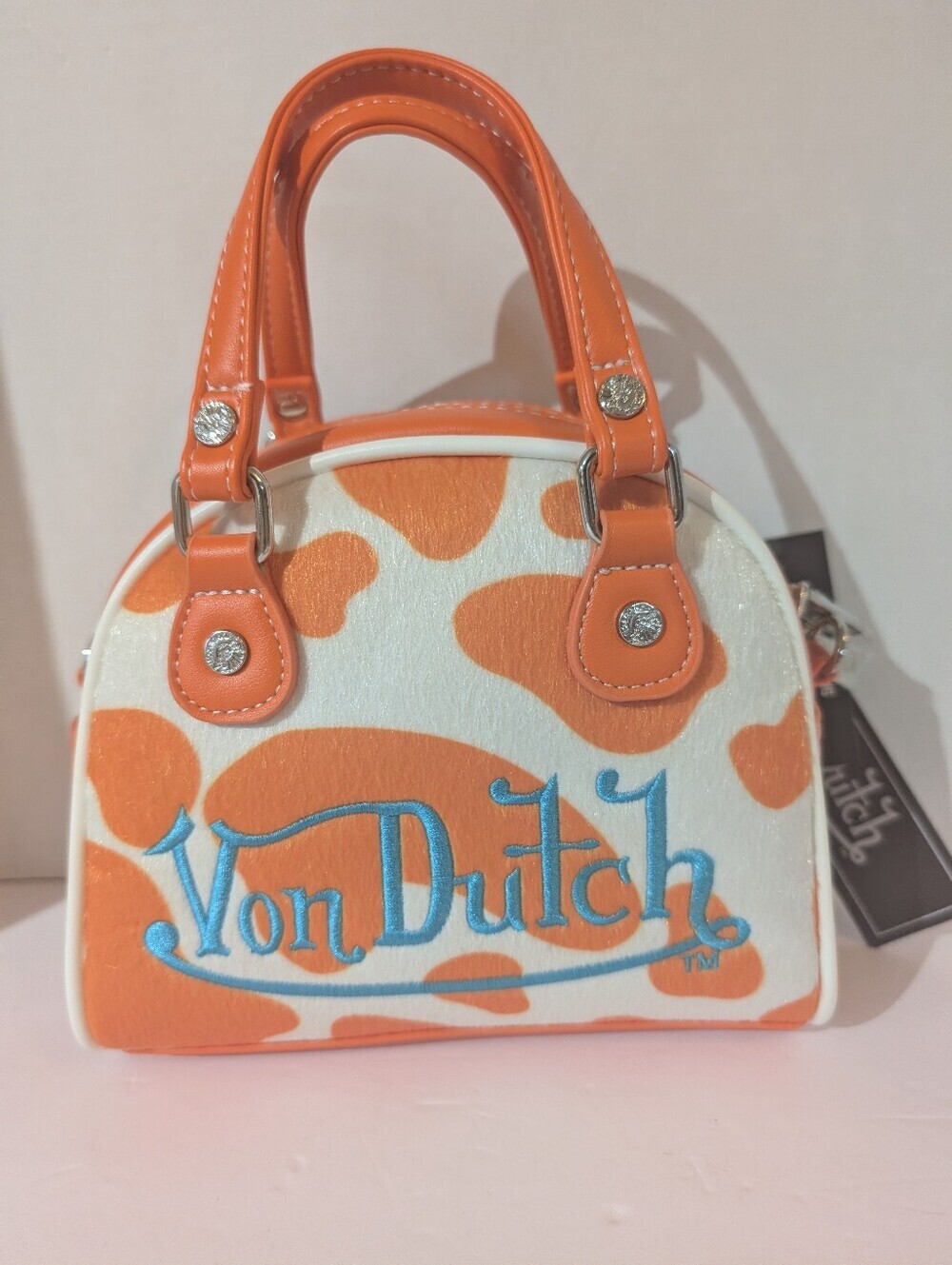 NWT Von Dutch Orange Cowprint Bowling Bag Satchel/ Crsbdy with Turquoise Logo